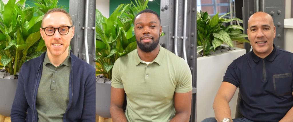 A collage of men sitting in front of a plant