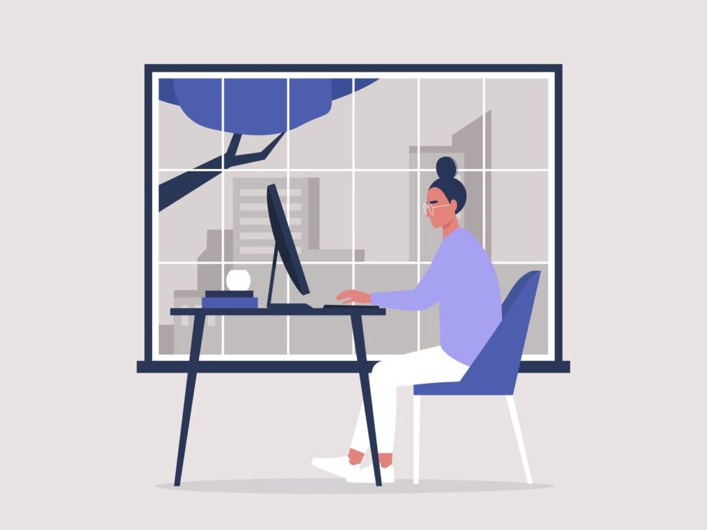 A cartoon of a woman sitting at a desk with a computer by a window