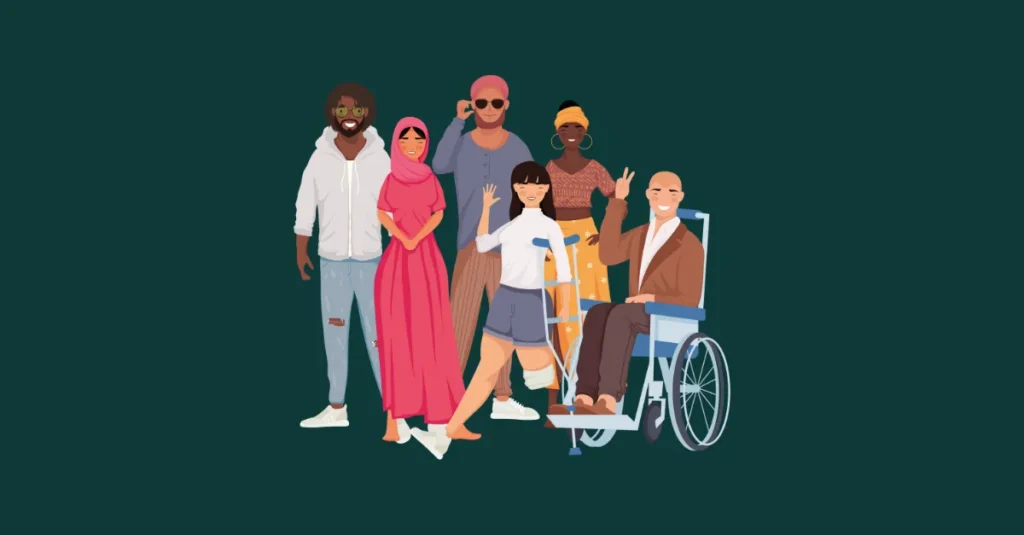 Illustration of a diverse group of six smiling people. They include different genders, ethnic backgrounds, and abilities, with one person using a wheelchair and another using crutches. The background is a solid dark green.