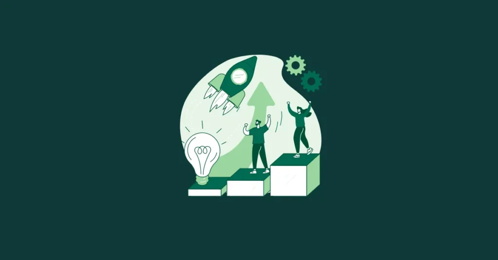 Illustration of two people on ascending blocks celebrating success. A rocket, light bulb, and gears symbolise innovation and progress against a green background. An upward arrow suggests growth and achievement.