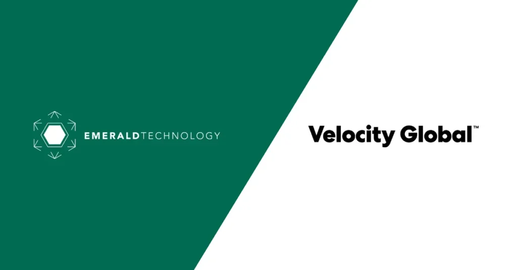 Emerald logo and Velocity Global logo