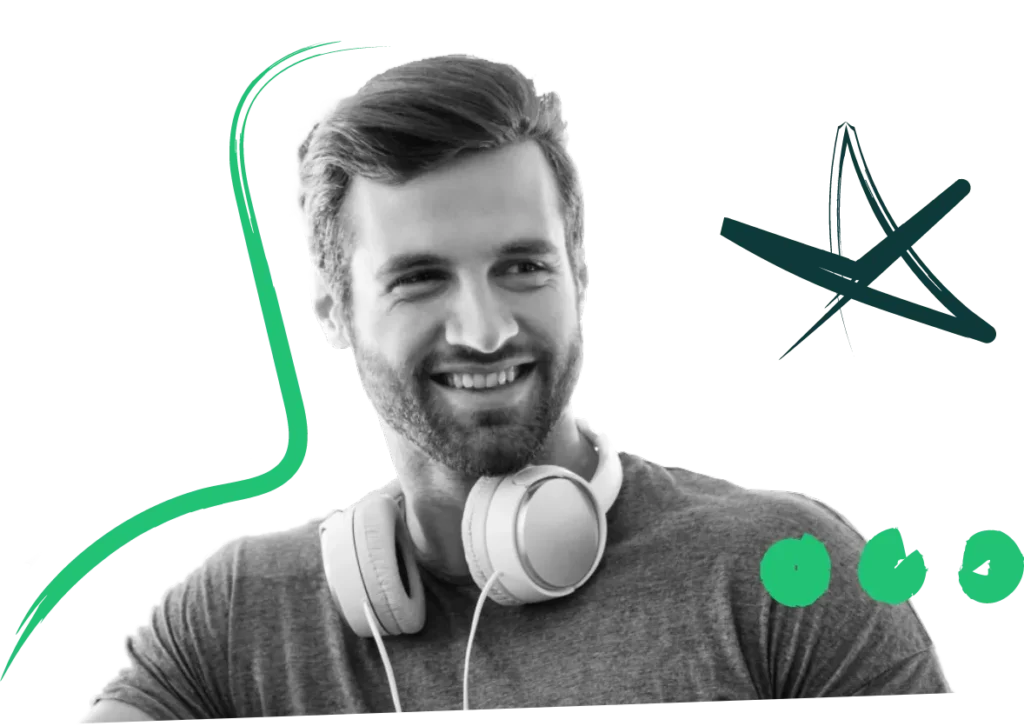 Man wearing headphones surrounded by star graphic