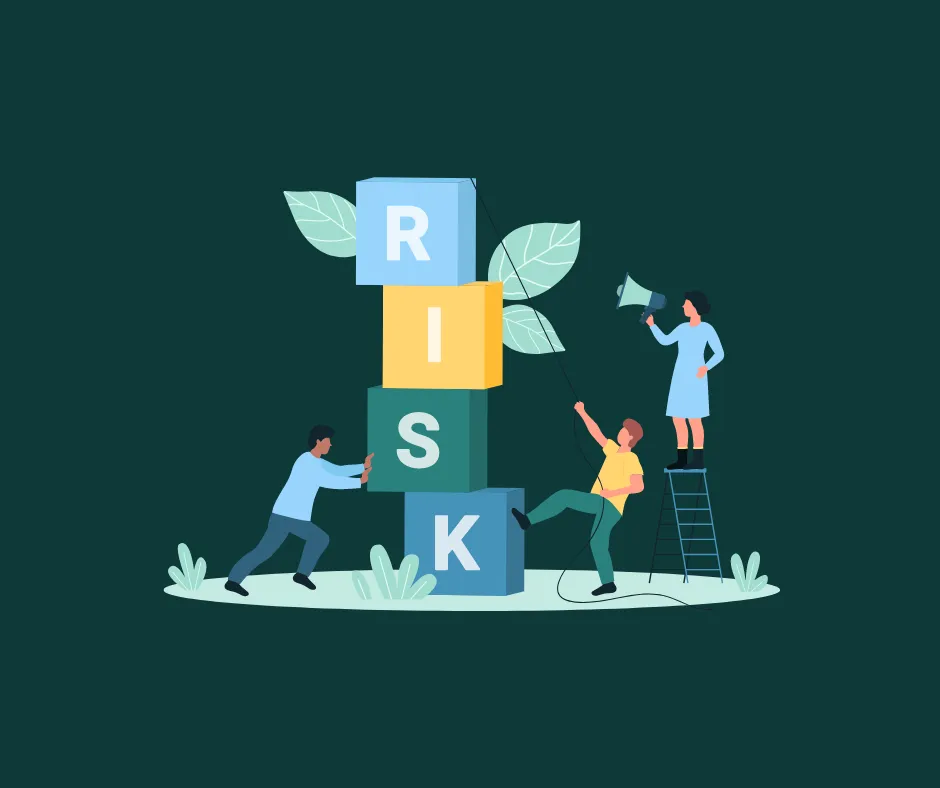 A graphic of people trying build and maintain a tower of blocks with letters on that have the letters spelling out 'Risk' on them.