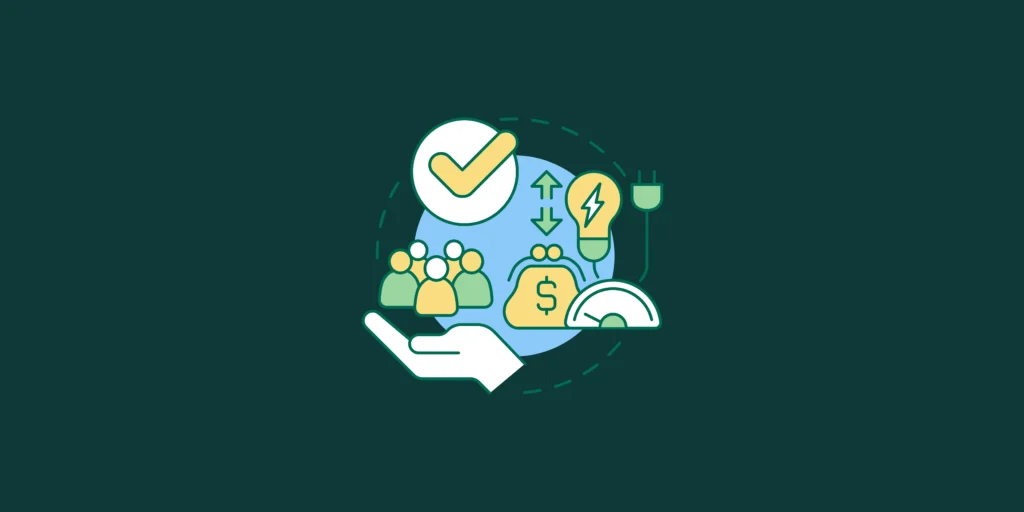 A graphic of hand holding multiple business aspects including a group of people representing community, a purse representing monetary benefits and a tickbox representing compliance