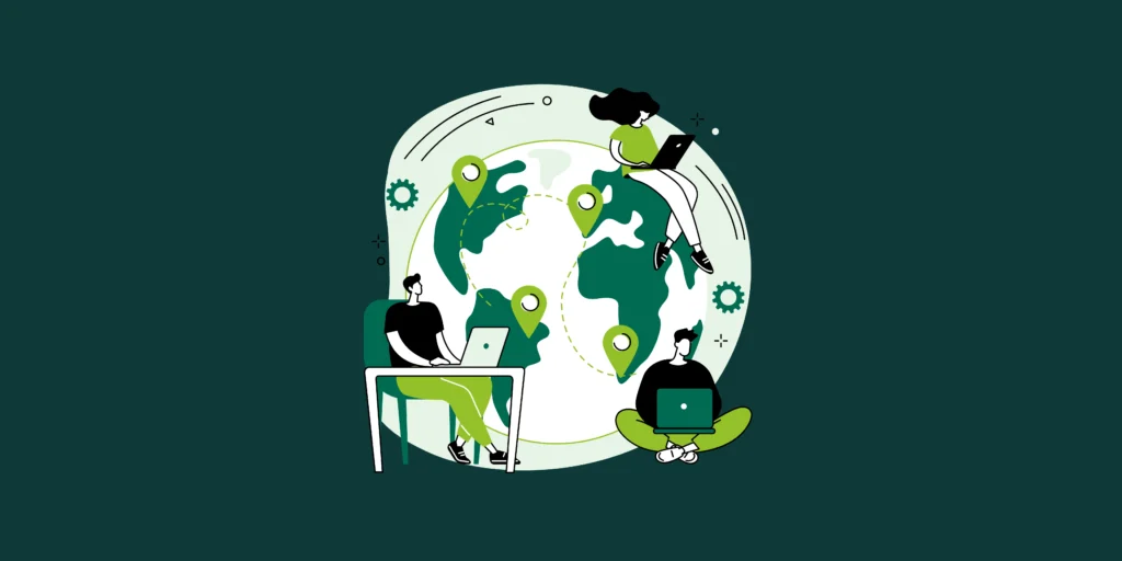 A cartoon of a group of people sitting on a globe with laptops