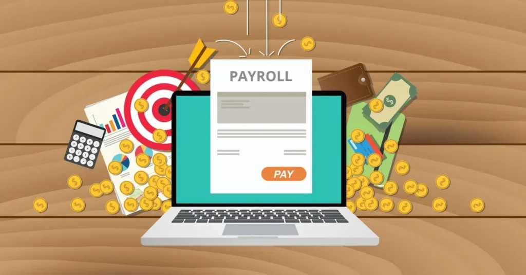 Graphic of a laptop and payroll on screen