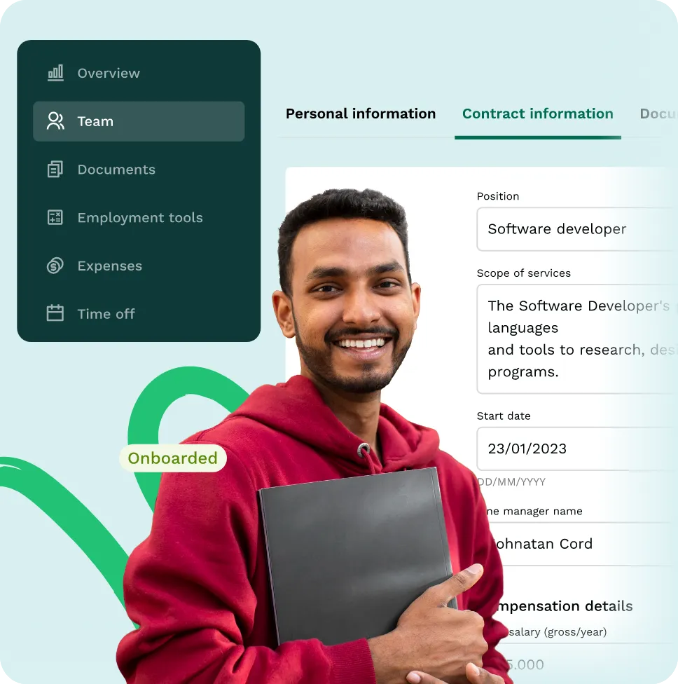 Graphic of a young man holding a notebook surrounding by Emerald UI elements