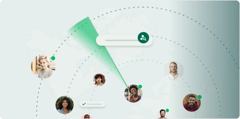 Illustration of a recruiter searching a connected global network of candidate profiles on a world map