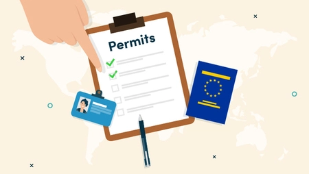 A hand pointing at a clipboard with a checklist and a EU passport