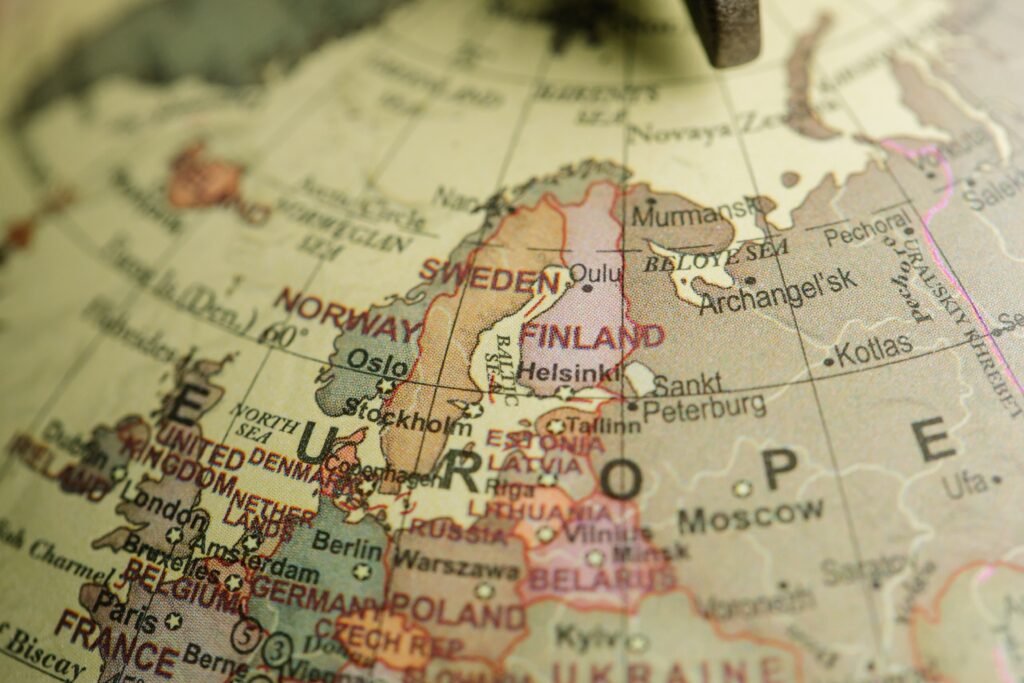 A close up of a globe focusing on nordic countries