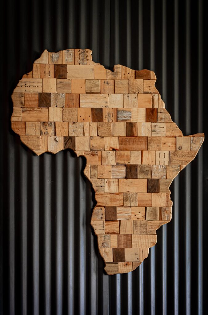 A map of Africa made out of different coloured and textured blocks of wood