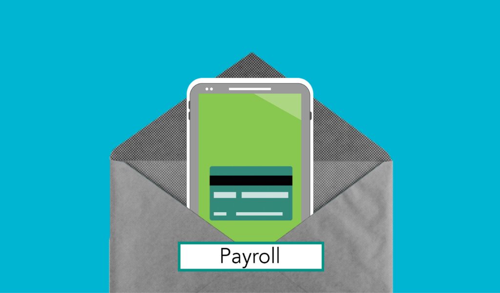 An envelope opening to show a smart phone and a label saying payroll