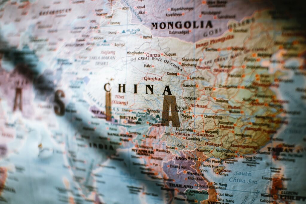 A close up of a map focused on China