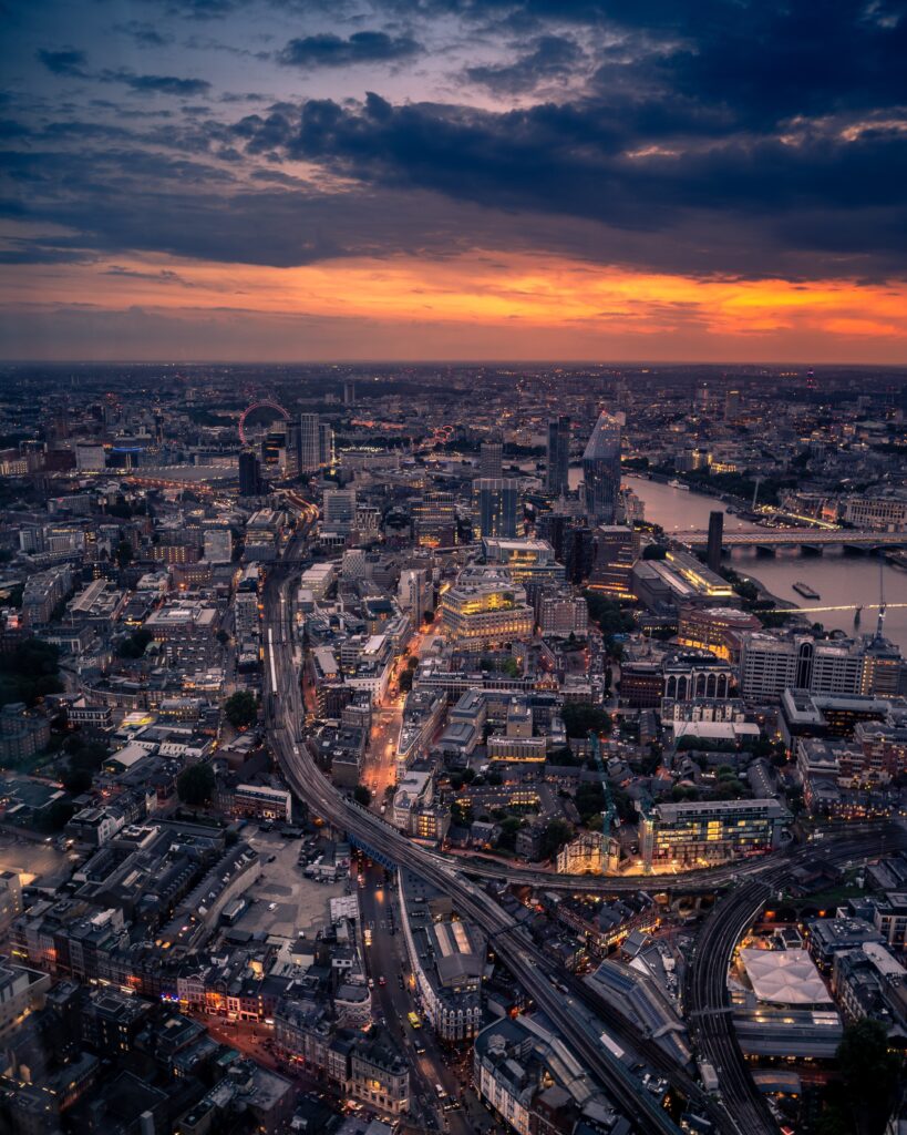 A sky view of London during a sunset