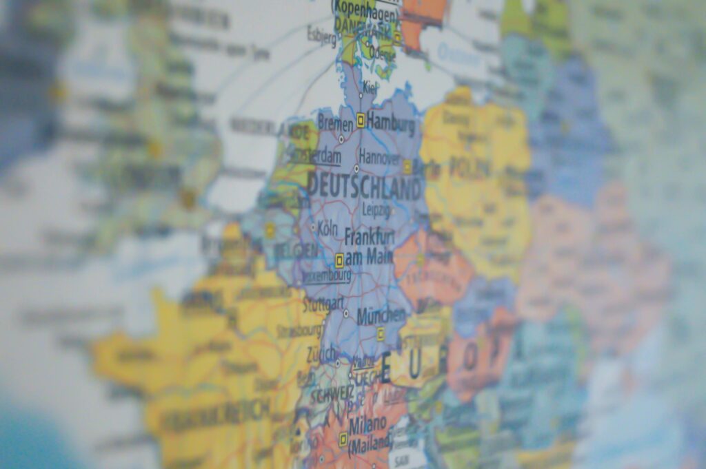 A close up of a map of Europe focused on Germany (Deutschland) utilising a gaussian blur